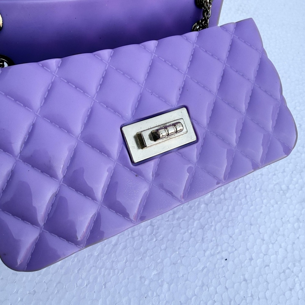 Quilted Crossbody Bag Womens Small Purple PVC Chain Strap Shoulder Turn Lock - Picture 8 of 9